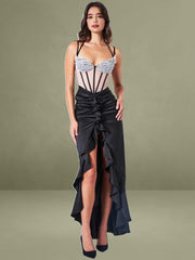 Rafaela Black Satin Corset Sequin Wing Cup Dress