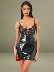 Shelby Black Vegan Leather with Lace Mini Dress