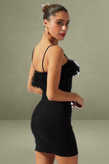Black Faux Feather Trim Bodycon Strappy Mini Dress