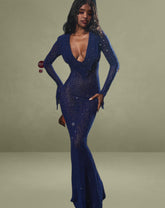 Navy V Neck Plunge Animal Print Mermaid Hem Maxi Dress