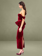 Abigail Velvet Off Shoulder Bubble Hem Peplum Maxi Dress
