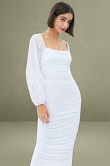 White Midi Dress Long Sleeve Square Neck Ruched Bodycon