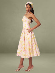 Zaina Yellow Pink Floral Print Lace Trim Linen Midi Dress