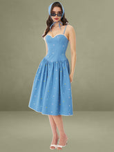 Zadie Cotton Denim Drop Waist Embroidery Flower Midi Dress