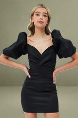 Black Statement Puff Sleeve Wrap Dress