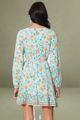Boho Print Mini Dress Long Sleeve V Neck