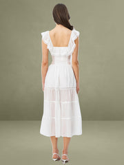 Square Neck Ruffle Trim High Waist Midi Dress