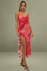 Red Floral Bodycon Ruffle Mesh Dress