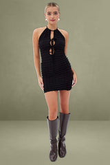Black Textured Mini Dress Backless