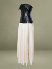 Maayan Black Vegan Leather Corset High Slit Drop Waist Maxi Dress