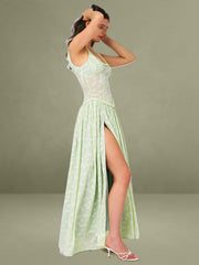 Ulissa Light Green Square Neck Jacquard Textured High Slit Maxi Dress