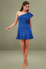 Blue Mini Dress Sleeveless One Shoulder Ruffled
