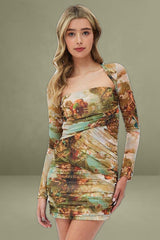 Multi Print Mini Dress Long Sleeve Square Neck Bodycon Mesh