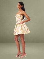 Valda Yellow and Pink Print Linen Mini Dress with Pockets