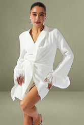 White Wrap Dress Long Sleeve Faux Feather Cuffs