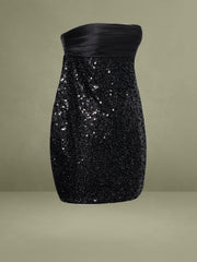 Felina Black Satin Sequin Pearls Beaded Mini Dress