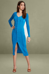 Blue Button Front Slinky Midi Dress