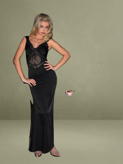 Black Satin and Lace Maxi Dress