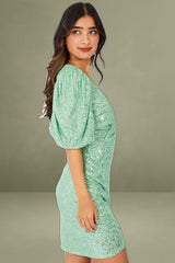 Green Sequin Mini Dress Wrap Puff Sleeve Dress