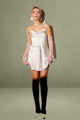 White Mini Dress Sleeveless Cowl Neck Corset Waist Satin