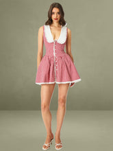 Red Gingham Eyelet Lace Trim Peter Pan Collar Mini Dress