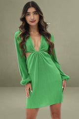 Green Plisse Dress Plunging Ring Detail Balloon Sleeve