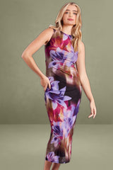 Multi Floral Bodycon Dress Round Neck Sleeveless Mesh