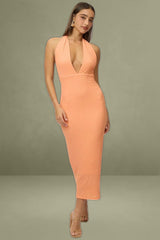 Orange Bodycon Dress Halter Neck Texured