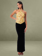 Gazelle Gold Embroidered Vintage Style Maxi Dress