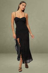 Black Bodycon Dress Maxi Ruffle Slit Chiffon