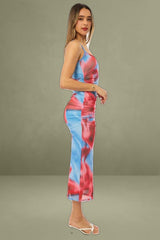 Blue Floral Bodycon Dress Singlet Mesh