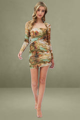 Multi Print Mini Dress Long Sleeve Square Neck Bodycon Mesh