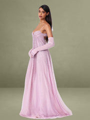 Wallie Pink Rhinestone Embellished Mesh Backless Gown