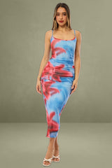 Blue Floral Bodycon Dress Singlet Mesh