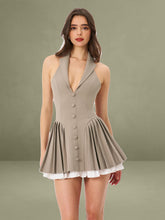 Hazel Brown Preppy Halter Neck Pleated Mini Dress