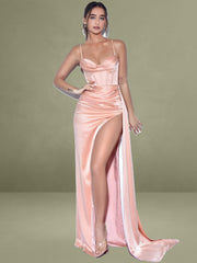 Elayna Blush Strappy Satin Corset High Slit Gown