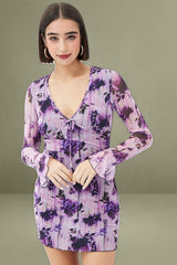 Purple Floral Mesh Long Sleeve Mini Dress