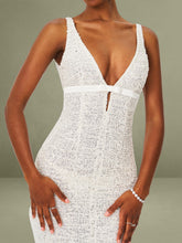 White Beaded Sequin Net Bodycon Evening Gown