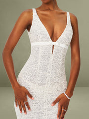 White Beaded Sequin Net Bodycon Evening Gown