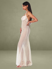 Zahya Lime Halter Backless Beaded Mesh Gown