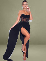 Priya Black Draping Corset High Slit Velvet Gown
