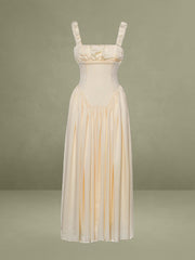 Noreen Egg White Satin Drop Waist Maxi Sundress