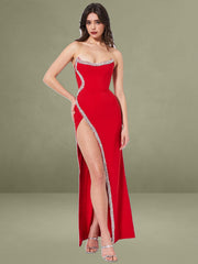 Xoana Red Crystal Embellished High Slit Gown