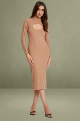 Beige 2 In 1 Midi Long Sleeve Rib Dress