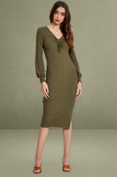 Green Ribbed Drawstring Mid-length Dress