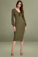 Green Ribbed Drawstring Mid-length Dress