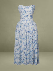 Paloma Blue Print Linen Corset Draping Top Midi Dress