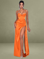 Elayna Orange Strappy Satin Corset High Slit Gown