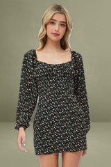 Black Floral Midi Dress Long Sleeve Gathering Bust