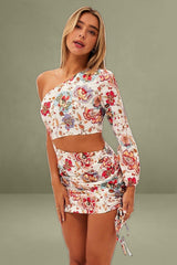 White Print One Shoulder Cutout Dress